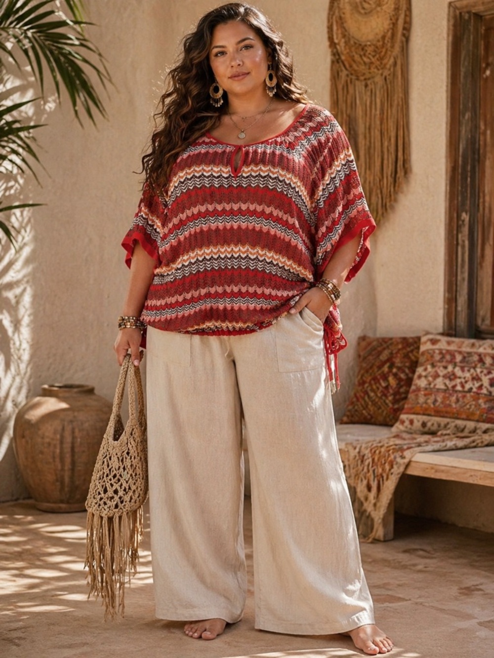 Liz Claiborne Chevron Print Kimono Sleeve Knit Retro Boho Sweater Size XL